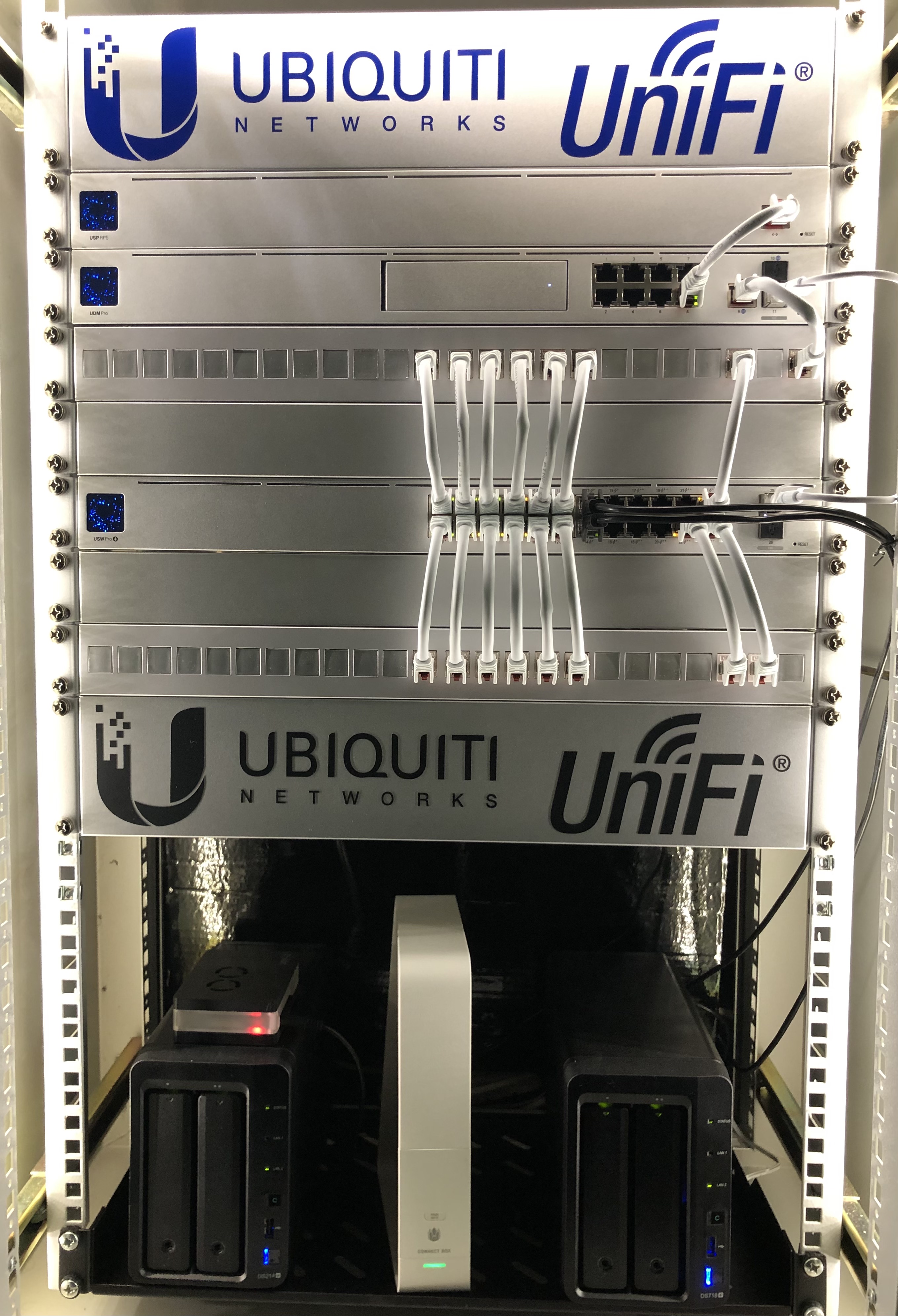 Server Rack mit blauem Ubiquiti UniFi Logo